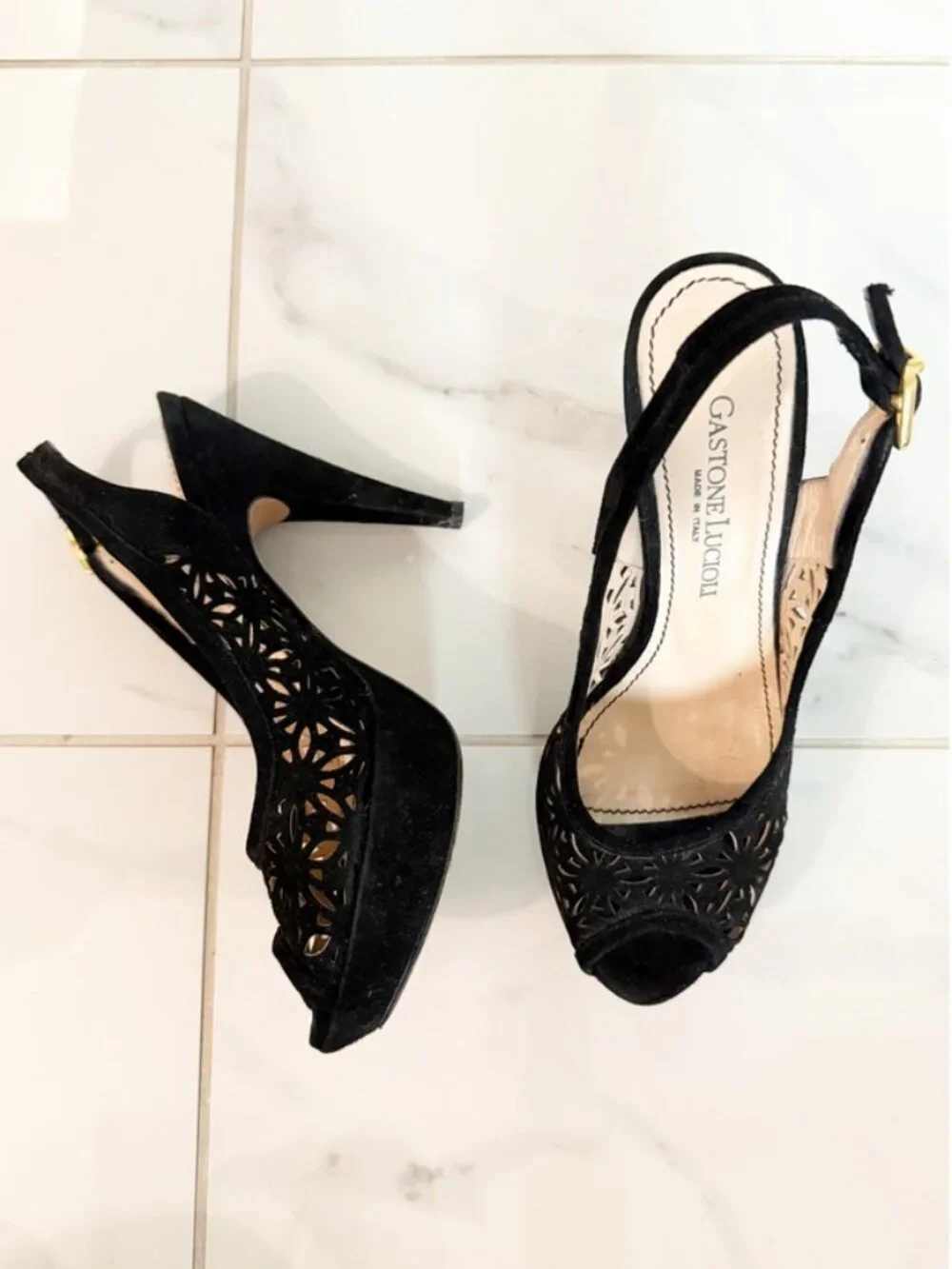 Gastone Lucioli Collette Slingbacks Suede Black Peep Toe Heels 8.5